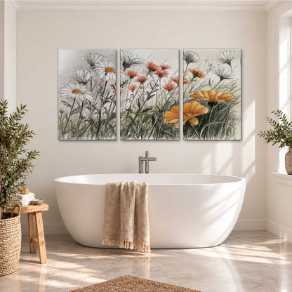 Fine dark stems and white daisies with warm orange accents in a delicate botanical composition 3 piece canvas wall art styled in an interior