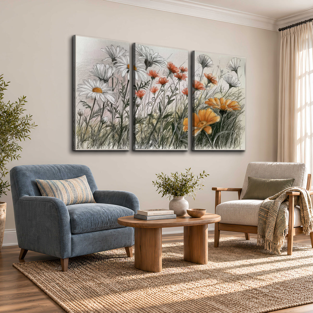 Fine dark stems and white daisies with warm orange accents in a delicate botanical composition 3 piece canvas wall art styled in an interior