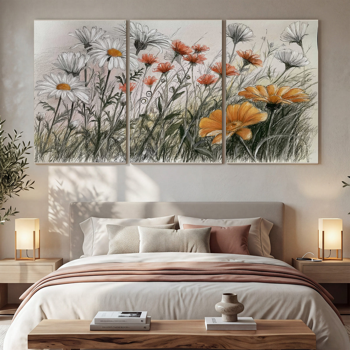 Fine dark stems and white daisies with warm orange accents in a delicate botanical composition 3 piece canvas wall art displayed in a bedroom