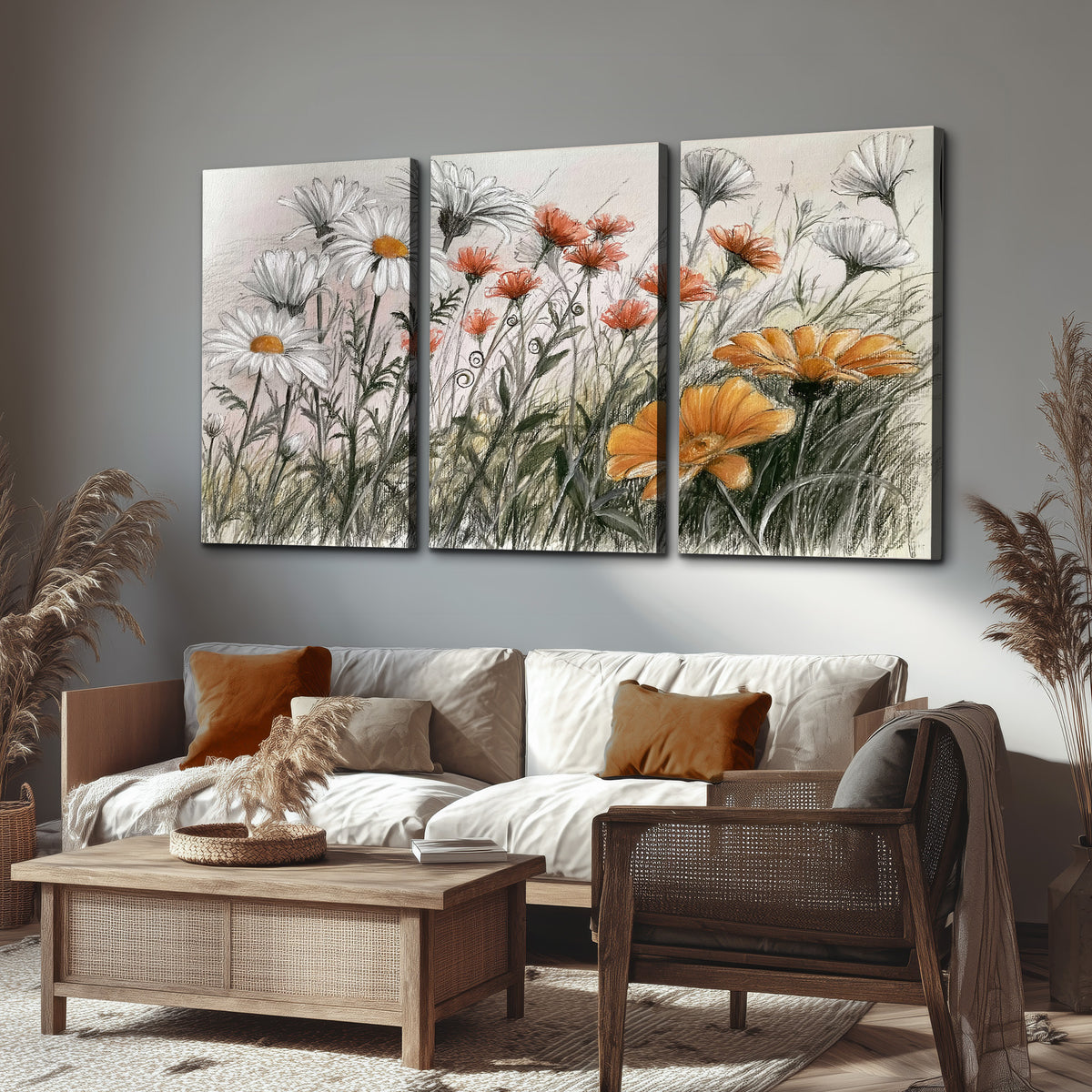 Fine dark stems and white daisies with warm orange accents in a delicate botanical composition 3 piece canvas wall art displayed in a rustic living room