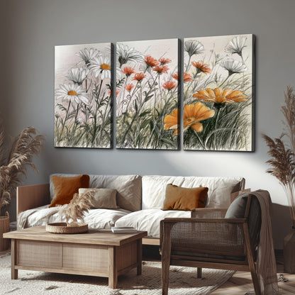 Fine dark stems and white daisies with warm orange accents in a delicate botanical composition 3 piece canvas wall art displayed in a rustic living room