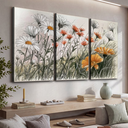 Fine dark stems and white daisies with warm orange accents in a delicate botanical composition 3 piece canvas wall art displayed in a console