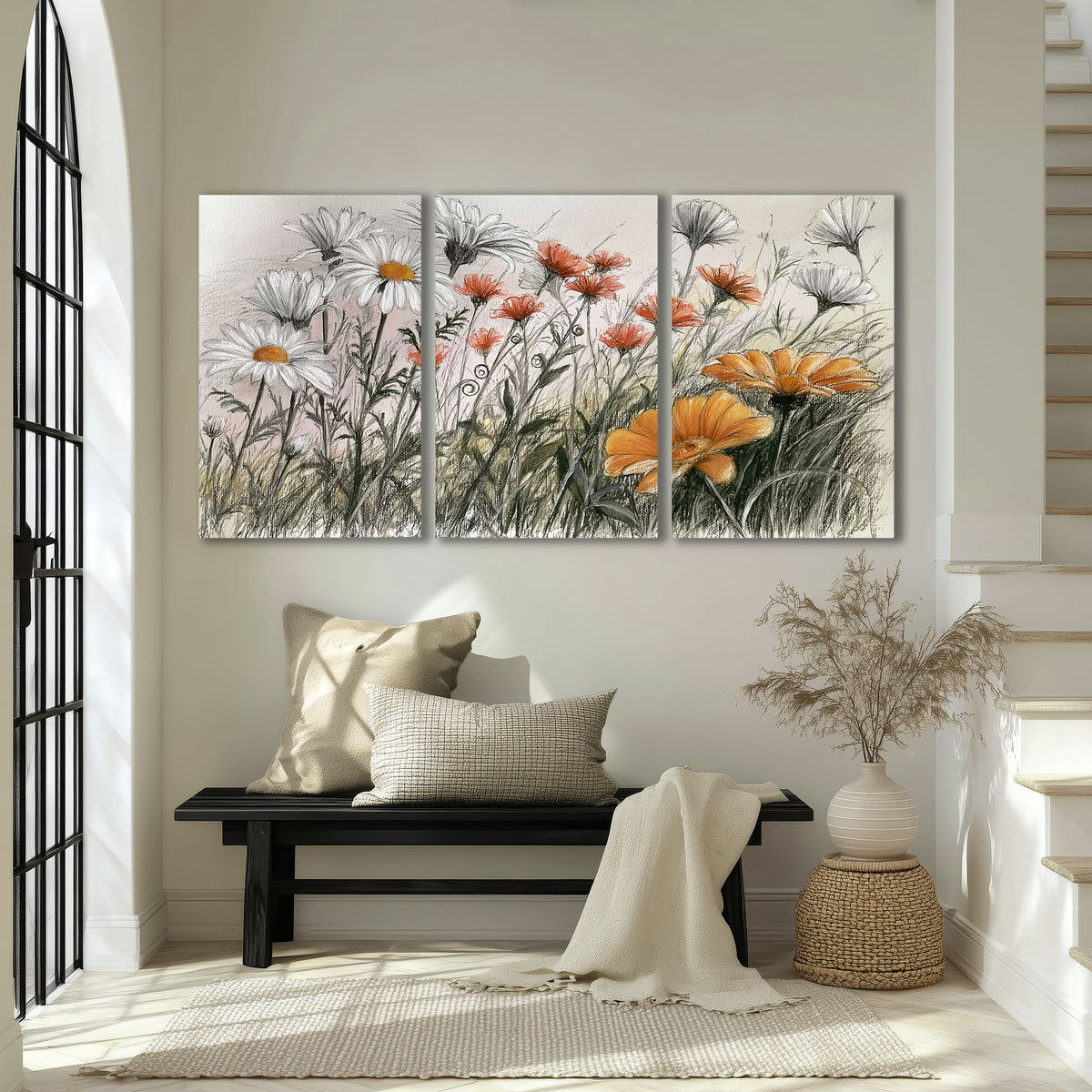Fine dark stems and white daisies with warm orange accents in a delicate botanical composition 3 piece canvas wall art displayed in a entryway
