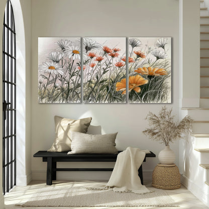 Fine dark stems and white daisies with warm orange accents in a delicate botanical composition 3 piece canvas wall art displayed in a entryway