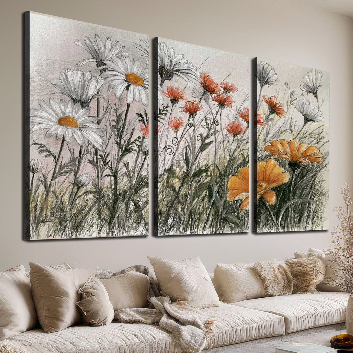 Fine dark stems and white daisies with warm orange accents in a delicate botanical composition 3 piece canvas wall art room and product view