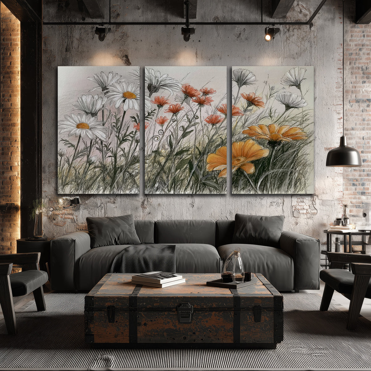 Fine dark stems and white daisies with warm orange accents in a delicate botanical composition 3 piece canvas wall art displayed in a industrial room