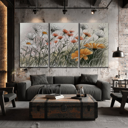 Fine dark stems and white daisies with warm orange accents in a delicate botanical composition 3 piece canvas wall art displayed in a industrial room