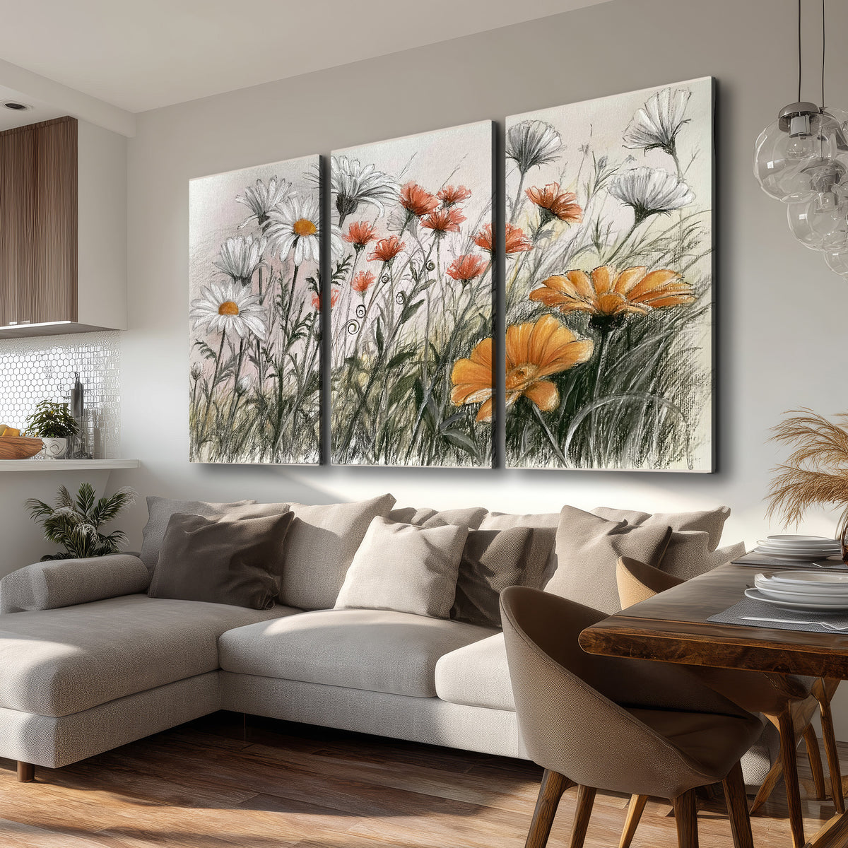 Fine dark stems and white daisies with warm orange accents in a delicate botanical composition 3 piece canvas wall art room and product view