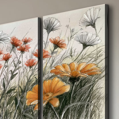 Fine dark stems and white daisies with warm orange accents in a delicate botanical composition 3 piece canvas wall art room and product view
