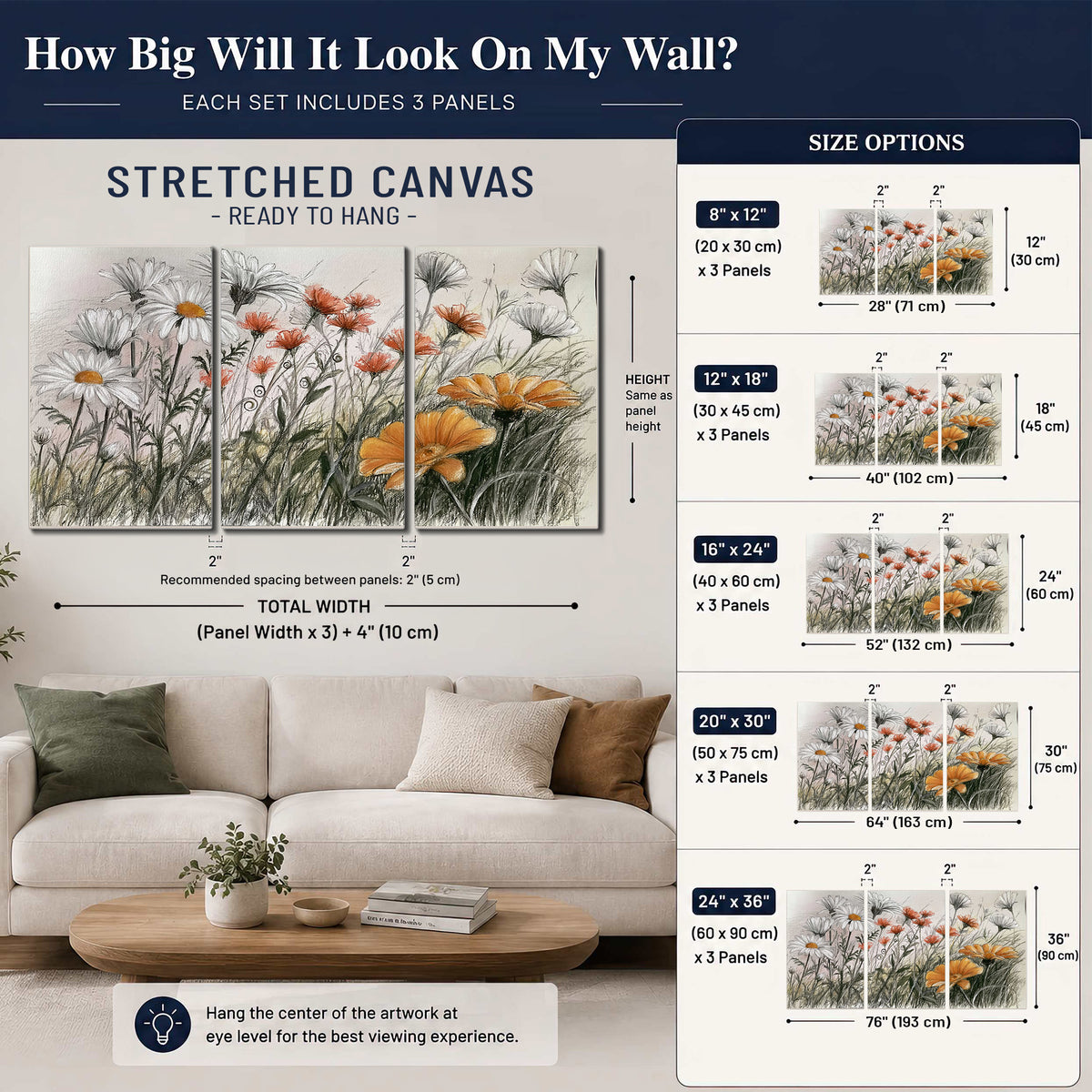 Fine dark stems and white daisies with warm orange accents in a delicate botanical composition 3 piece canvas wall art size guide above a sofa; room view is illustrative