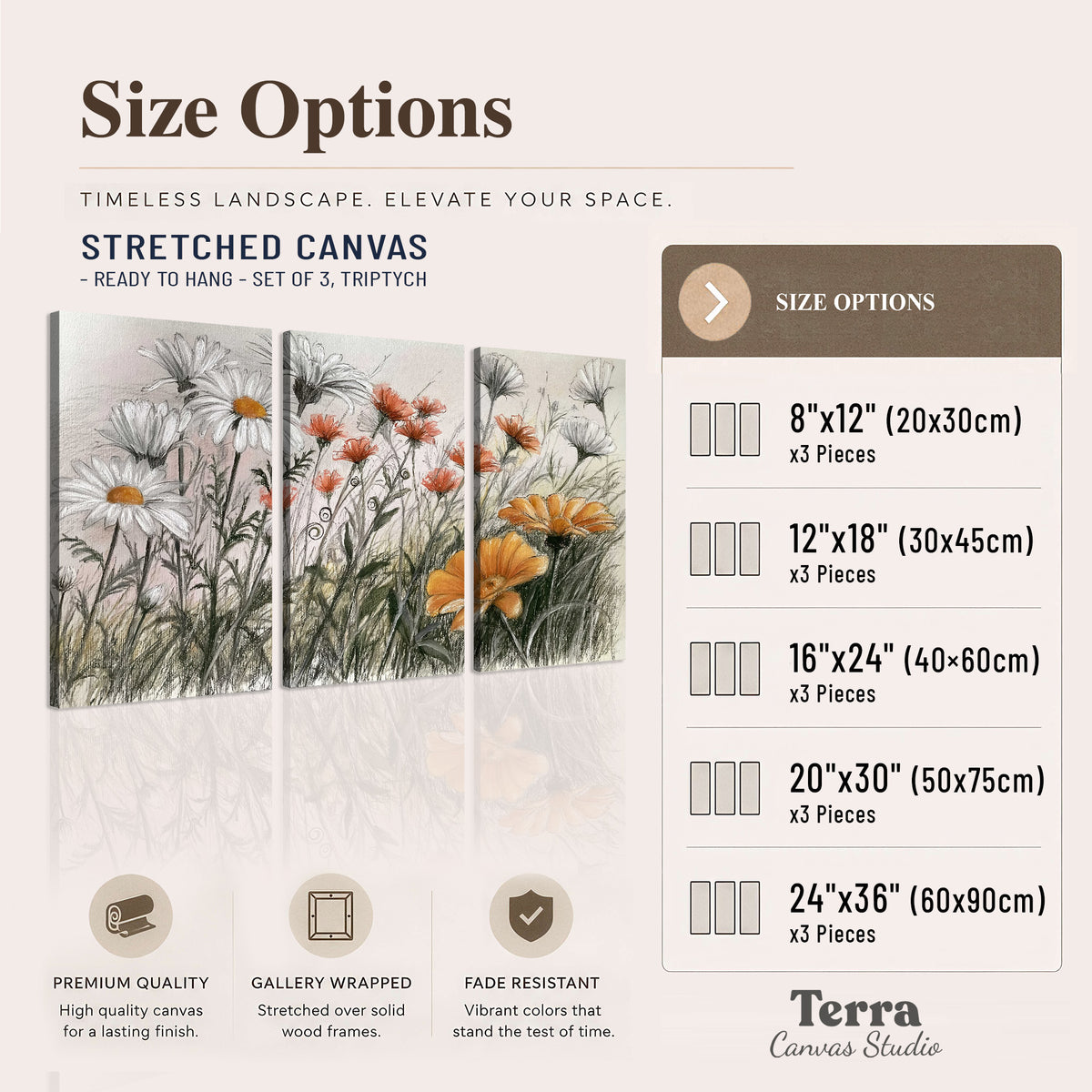 Fine dark stems and white daisies with warm orange accents in a delicate botanical composition 3 piece canvas wall art available dimensions; triptych dimensions are per panel