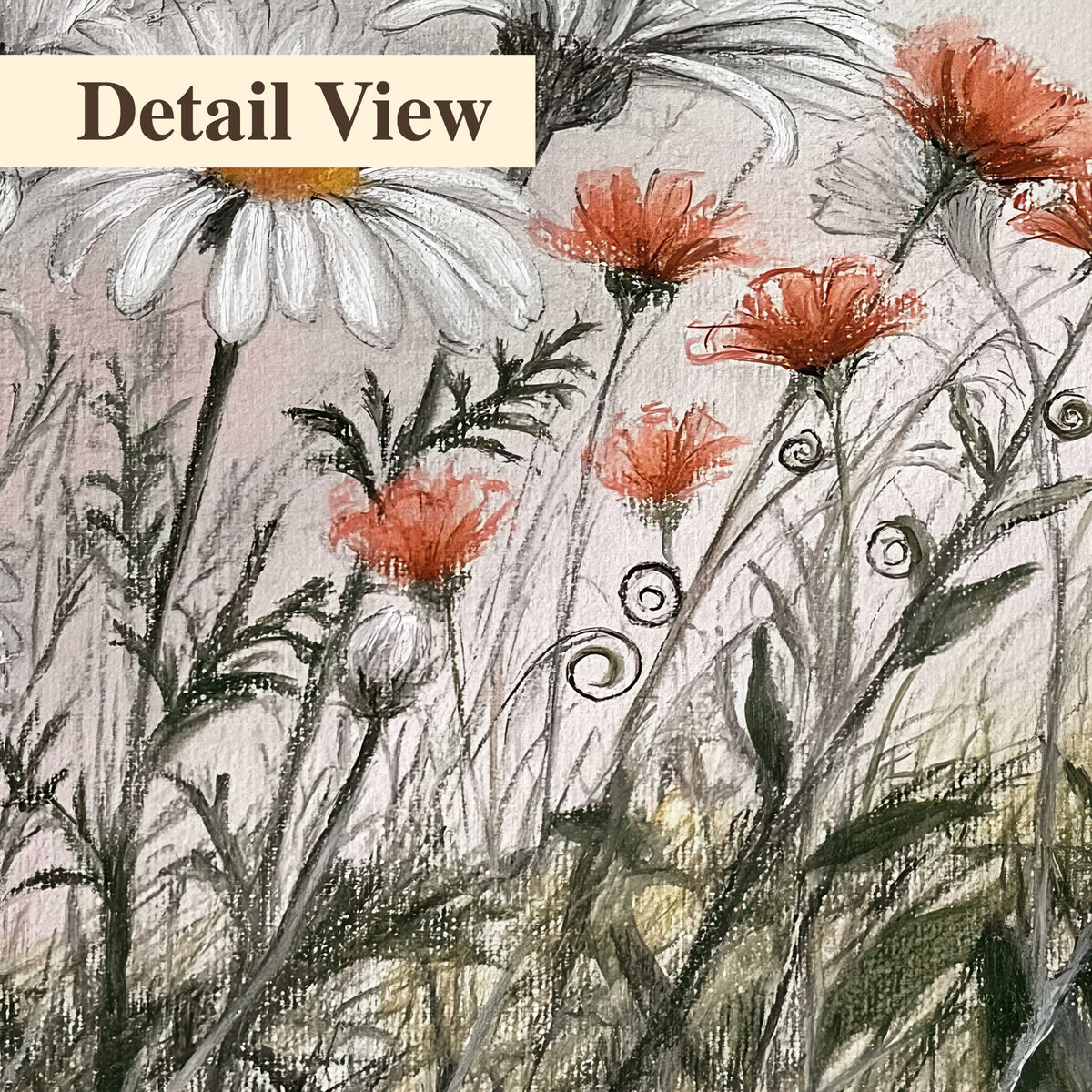 Fine dark stems and white daisies with warm orange accents in a delicate botanical composition 3 piece canvas wall art artwork detail close up