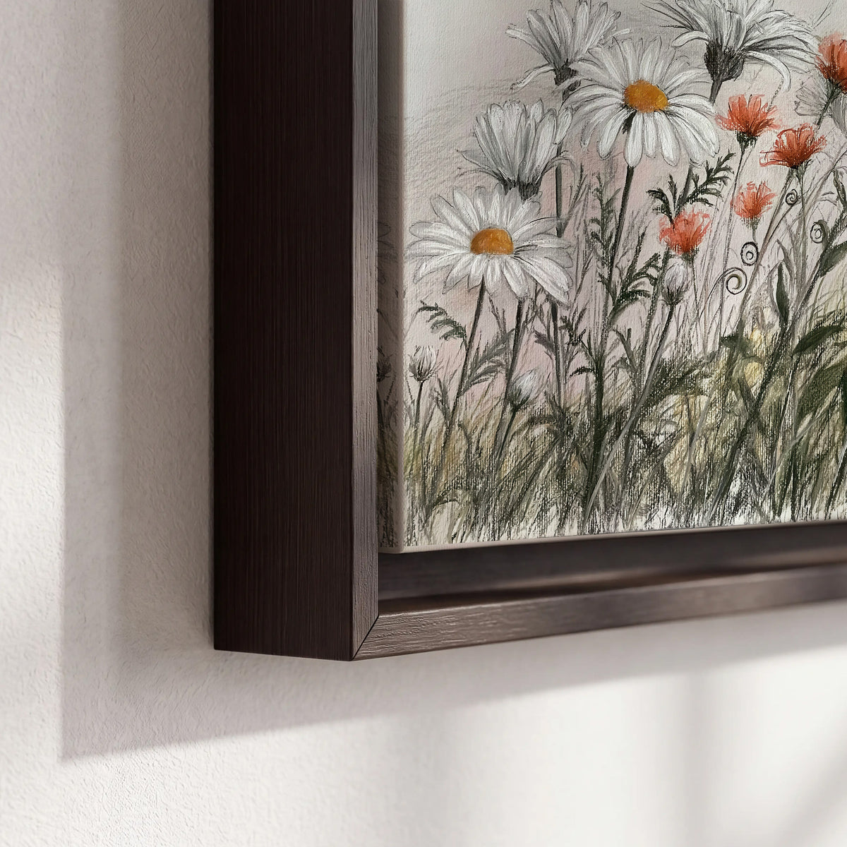 Fine dark stems and white daisies with warm orange accents in a delicate botanical composition 3 piece framed canvas wall art material and edge close up