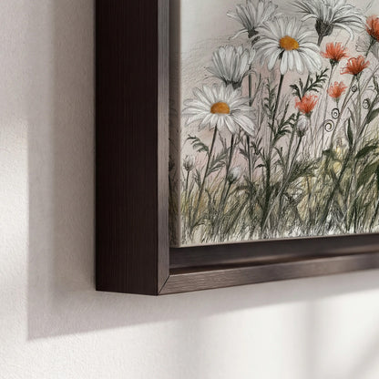 Fine dark stems and white daisies with warm orange accents in a delicate botanical composition 3 piece framed canvas wall art material and edge close up