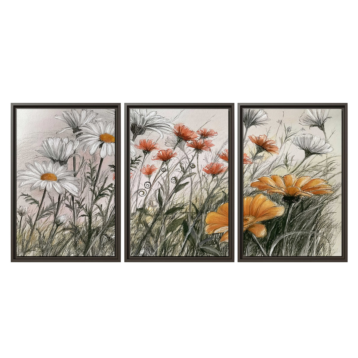 Fine dark stems and white daisies with warm orange accents in a delicate botanical composition 3 piece framed canvas wall art viewed straight on
