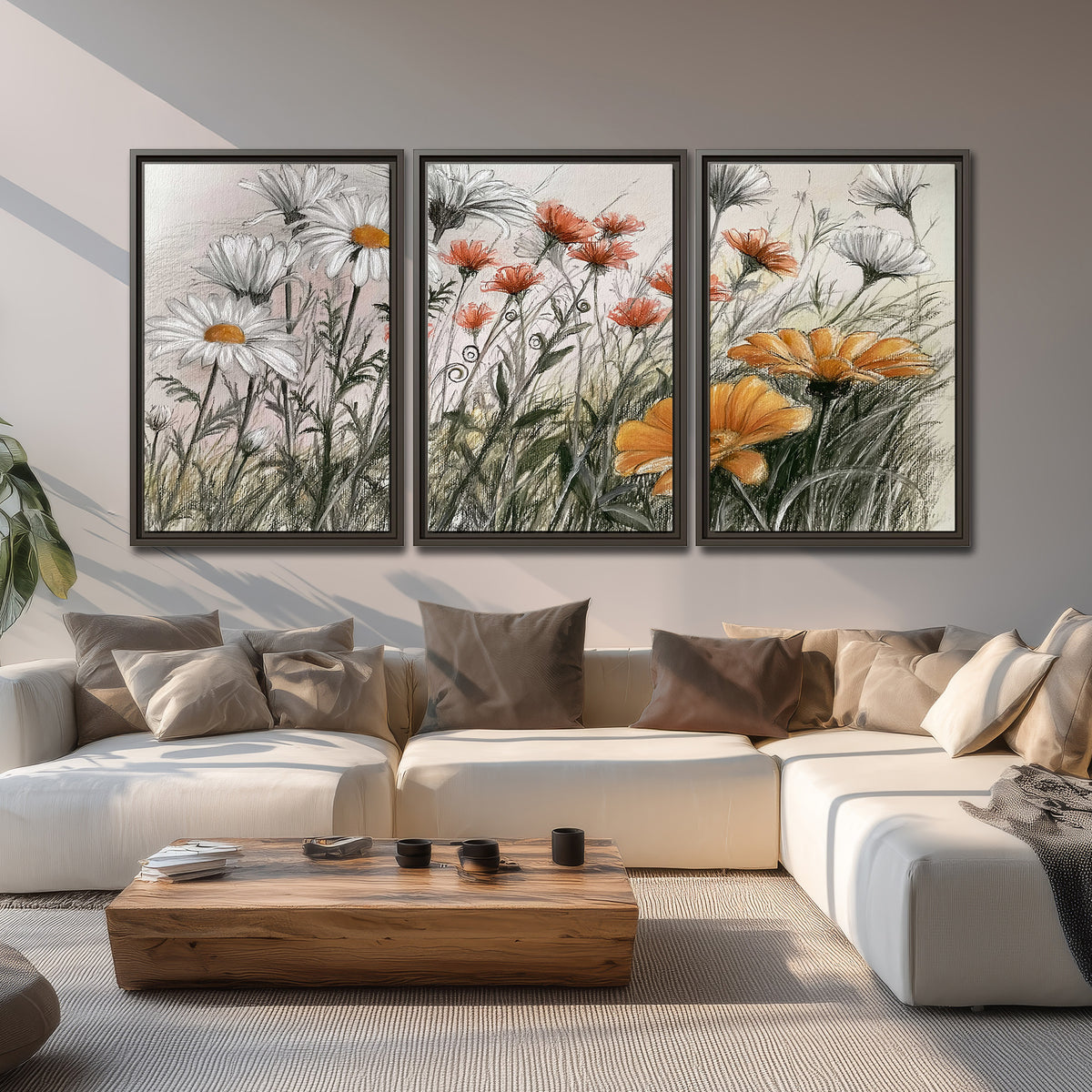 Fine dark stems and white daisies with warm orange accents in a delicate botanical composition 3 piece framed canvas wall art displayed in a living room