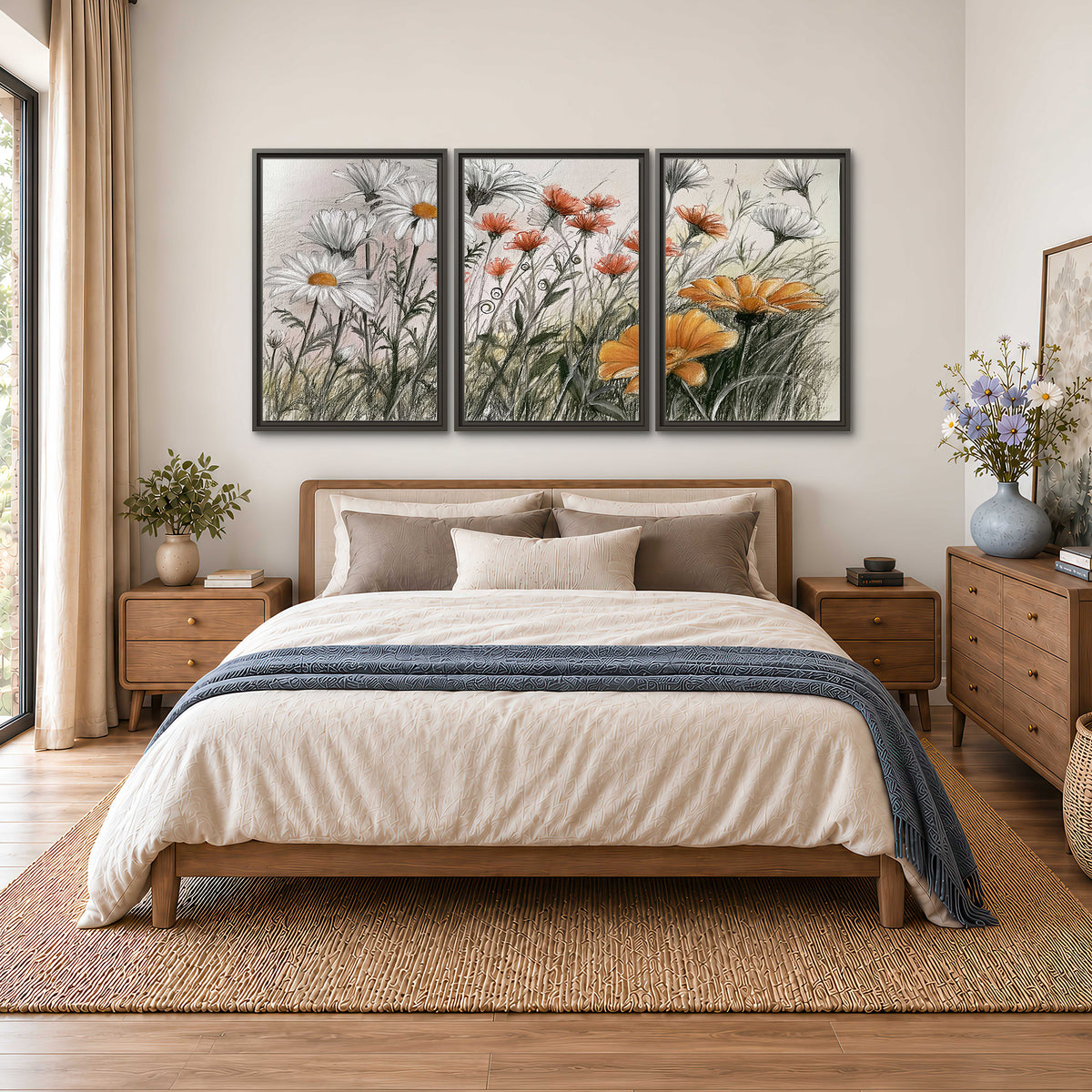 Fine dark stems and white daisies with warm orange accents in a delicate botanical composition 3 piece framed canvas wall art styled in an interior
