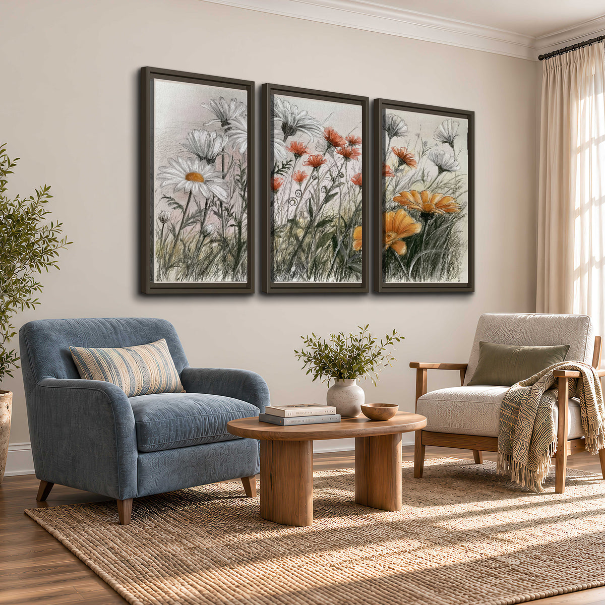Fine dark stems and white daisies with warm orange accents in a delicate botanical composition 3 piece framed canvas wall art styled in an interior