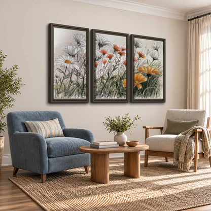 Fine dark stems and white daisies with warm orange accents in a delicate botanical composition 3 piece framed canvas wall art styled in an interior