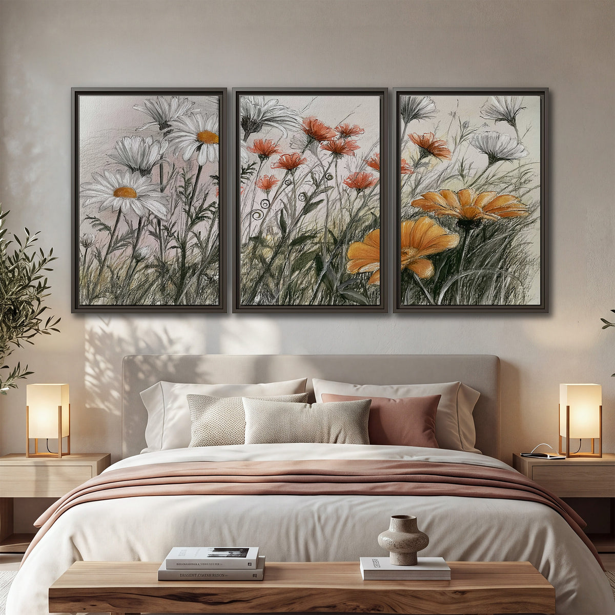 Fine dark stems and white daisies with warm orange accents in a delicate botanical composition 3 piece framed canvas wall art displayed in a bedroom