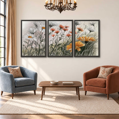 Fine dark stems and white daisies with warm orange accents in a delicate botanical composition 3 piece framed canvas wall art styled in an interior