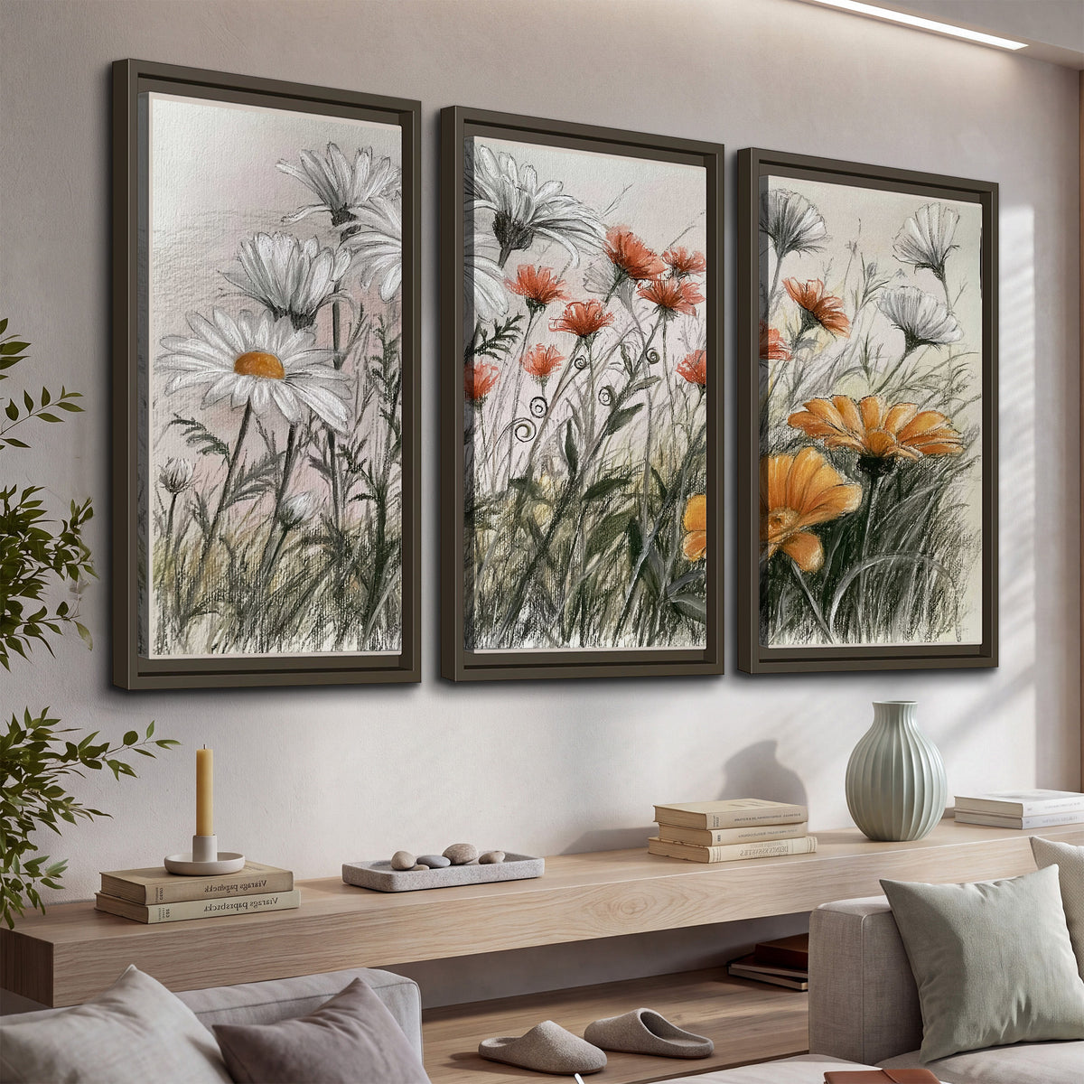 Fine dark stems and white daisies with warm orange accents in a delicate botanical composition 3 piece framed canvas wall art displayed in a console