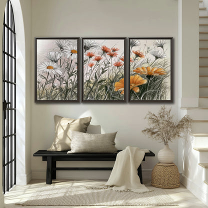 Fine dark stems and white daisies with warm orange accents in a delicate botanical composition 3 piece framed canvas wall art displayed in a entryway