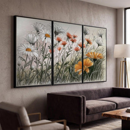 Fine dark stems and white daisies with warm orange accents in a delicate botanical composition 3 piece framed canvas wall art displayed in a modern living room