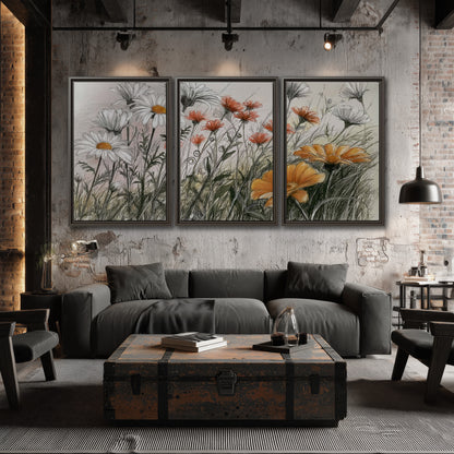 Fine dark stems and white daisies with warm orange accents in a delicate botanical composition 3 piece framed canvas wall art displayed in a industrial room