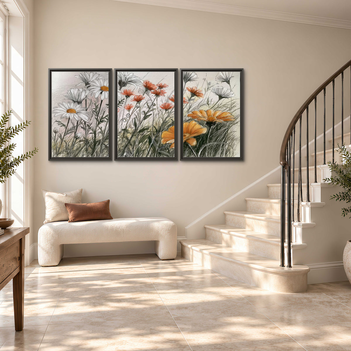 Fine dark stems and white daisies with warm orange accents in a delicate botanical composition 3 piece framed canvas wall art styled in an interior