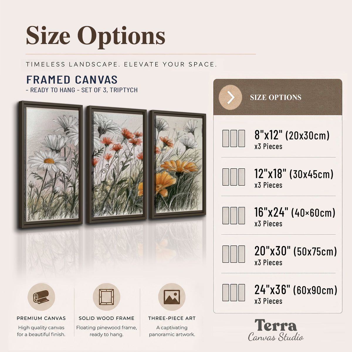 Fine dark stems and white daisies with warm orange accents in a delicate botanical composition 3 piece framed canvas wall art available dimensions; triptych dimensions are per panel
