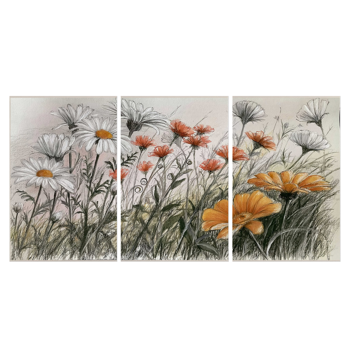 Fine dark stems and white daisies with warm orange accents in a delicate botanical composition set of 3 poster prints viewed straight on