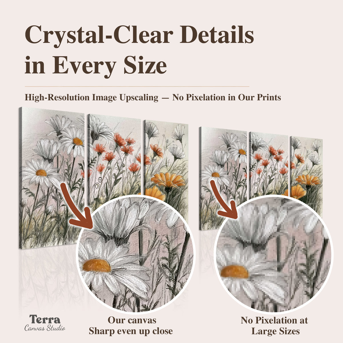 Fine dark stems and white daisies with warm orange accents in a delicate botanical composition artwork quality information