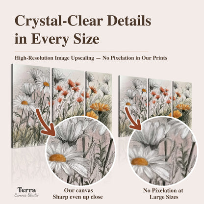 Fine dark stems and white daisies with warm orange accents in a delicate botanical composition artwork quality information