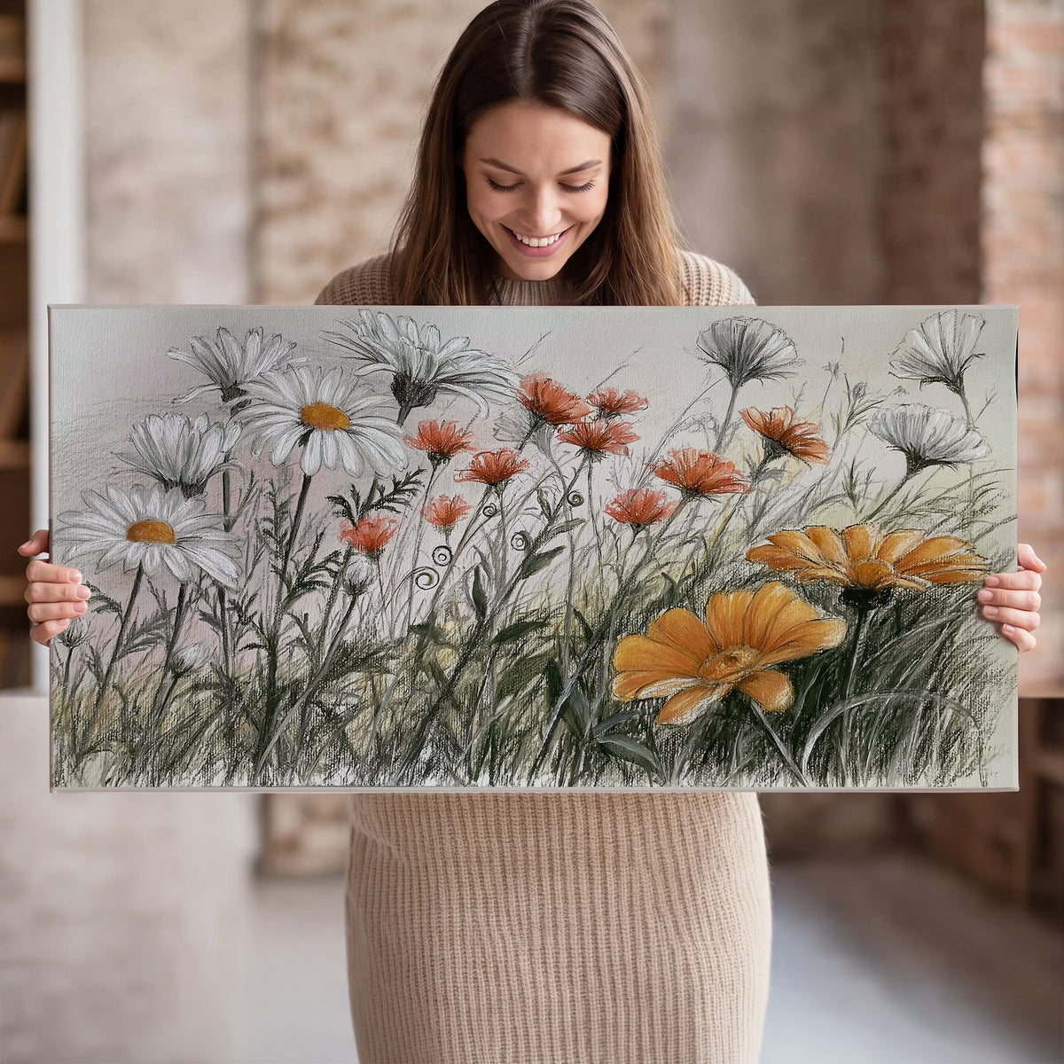 Fine dark stems and white daisies with warm orange accents in a delicate botanical composition single canvas wall art held in hands