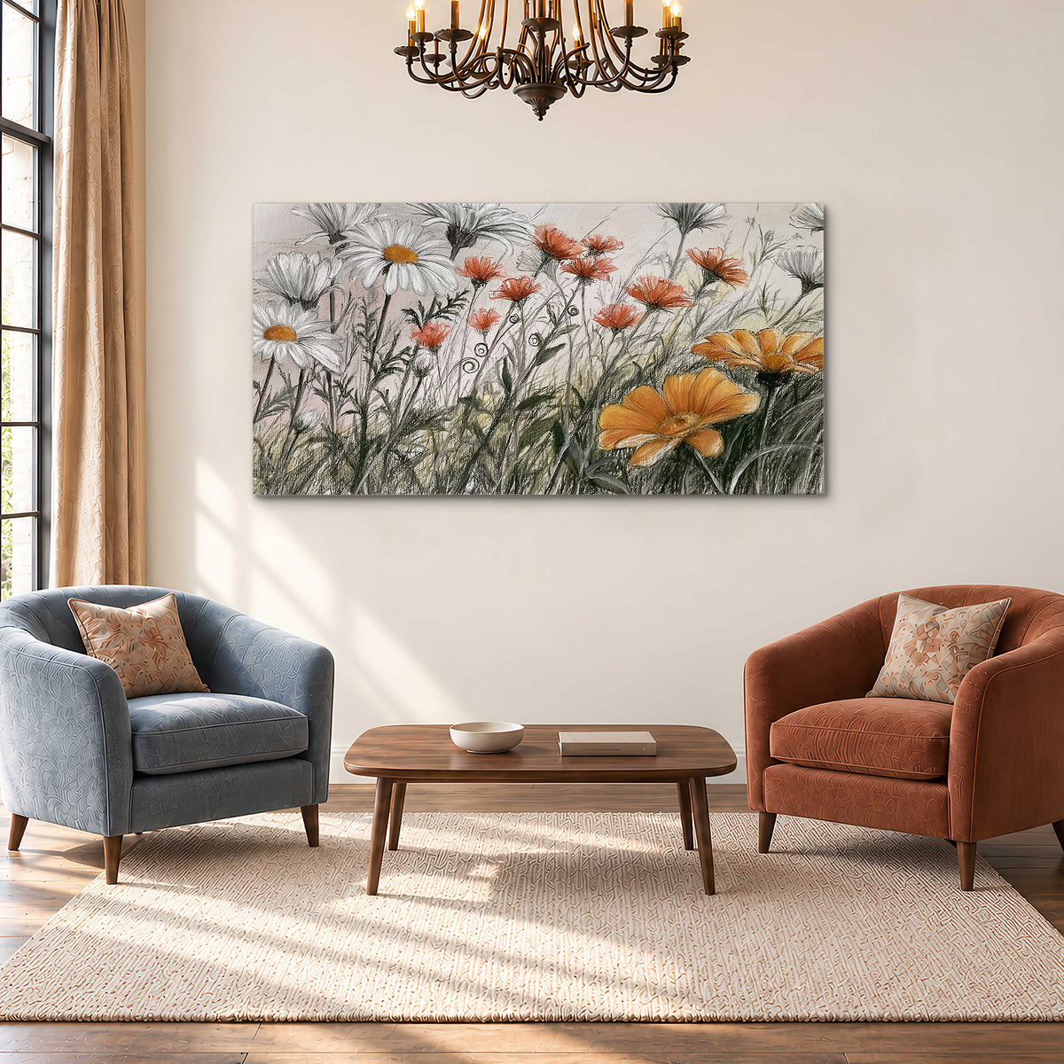 Fine dark stems and white daisies with warm orange accents in a delicate botanical composition single canvas wall art styled in an interior