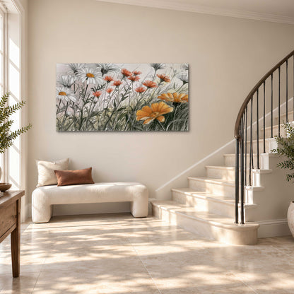 Fine dark stems and white daisies with warm orange accents in a delicate botanical composition single canvas wall art styled in an interior