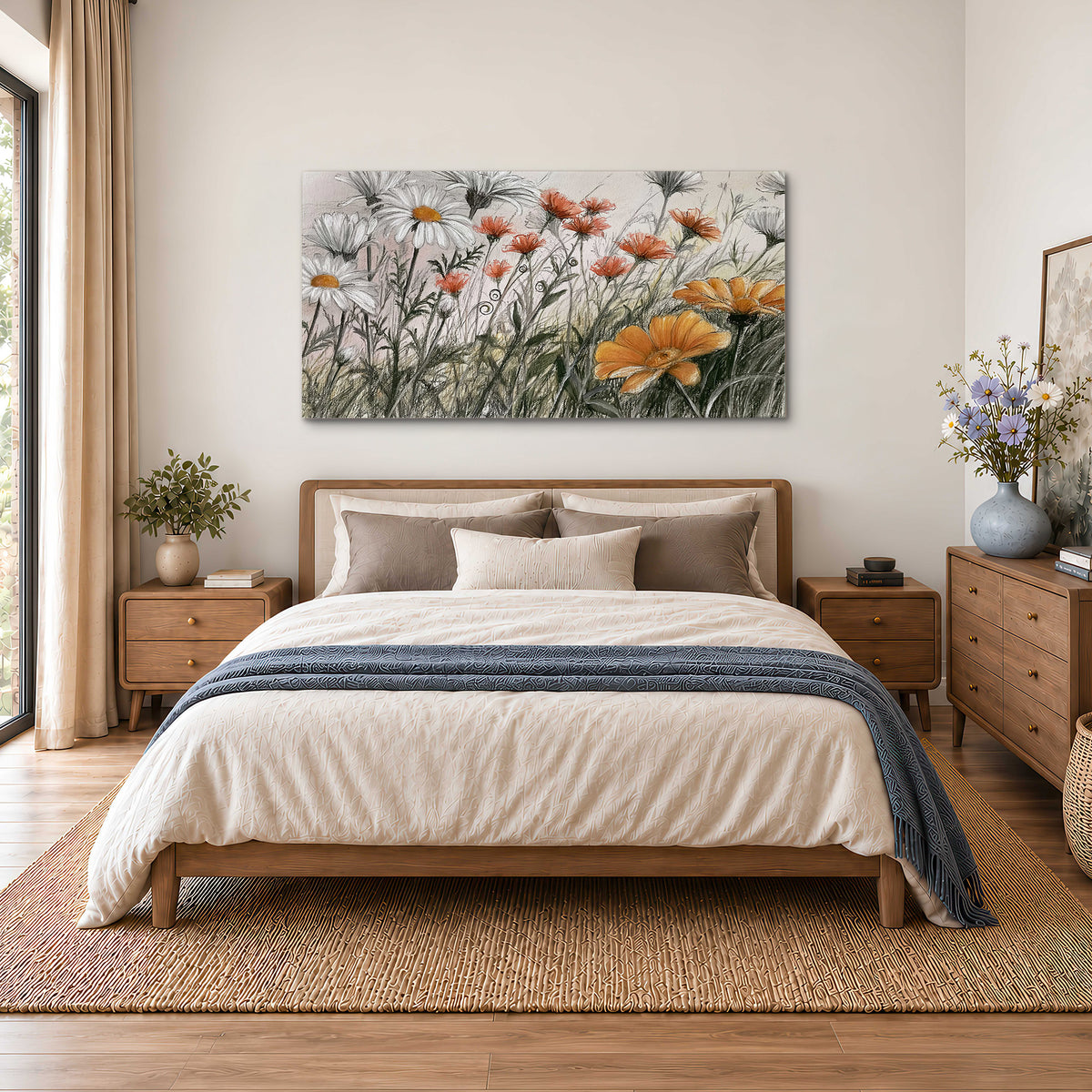 Fine dark stems and white daisies with warm orange accents in a delicate botanical composition single canvas wall art styled in an interior