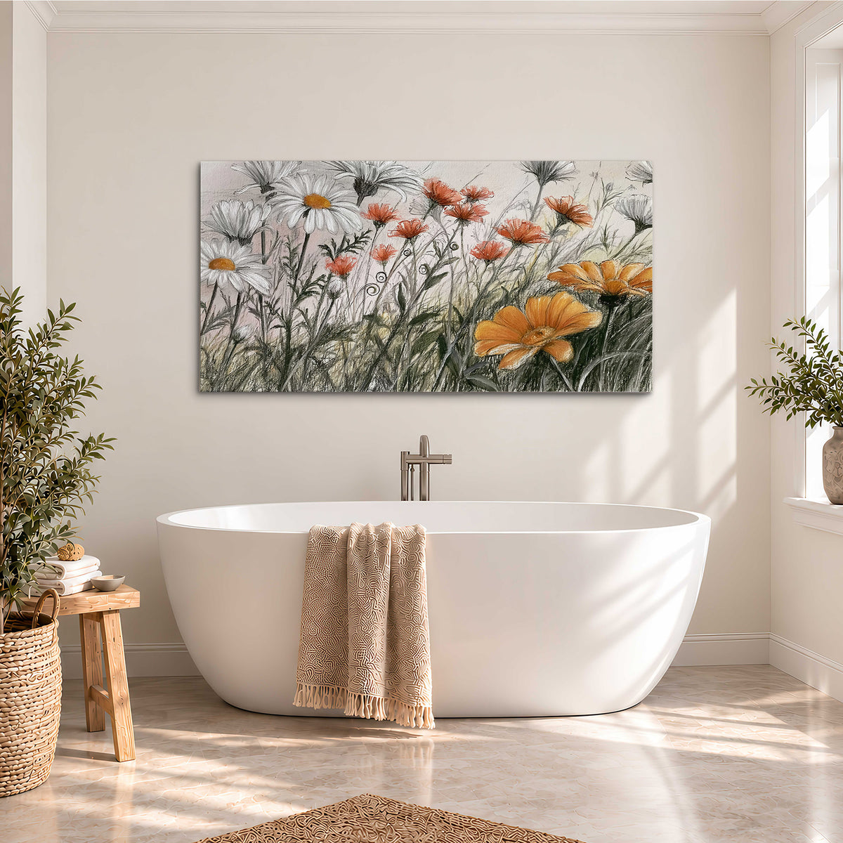 Fine dark stems and white daisies with warm orange accents in a delicate botanical composition single canvas wall art styled in an interior