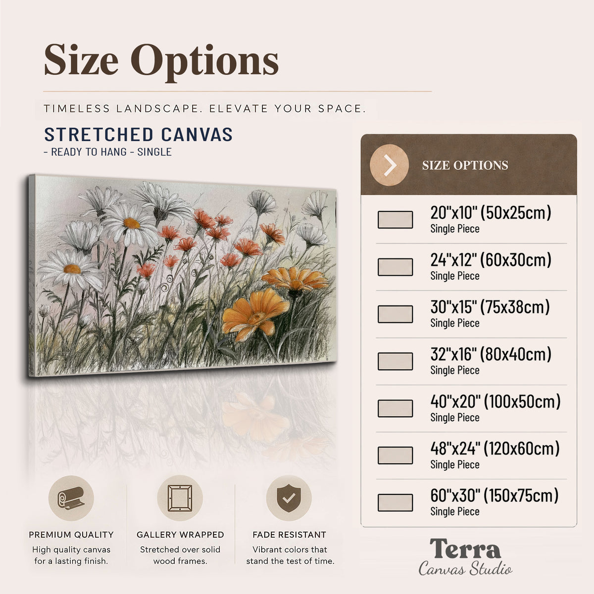 Fine dark stems and white daisies with warm orange accents in a delicate botanical composition single canvas wall art available dimensions