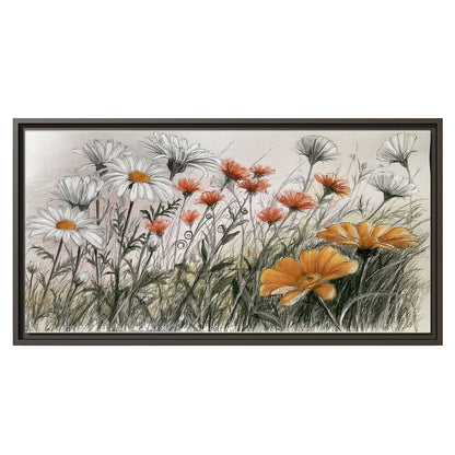 Fine dark stems and white daisies with warm orange accents in a delicate botanical composition single framed canvas wall art viewed straight on