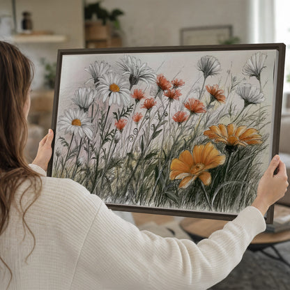 Fine dark stems and white daisies with warm orange accents in a delicate botanical composition single framed canvas wall art held in hands