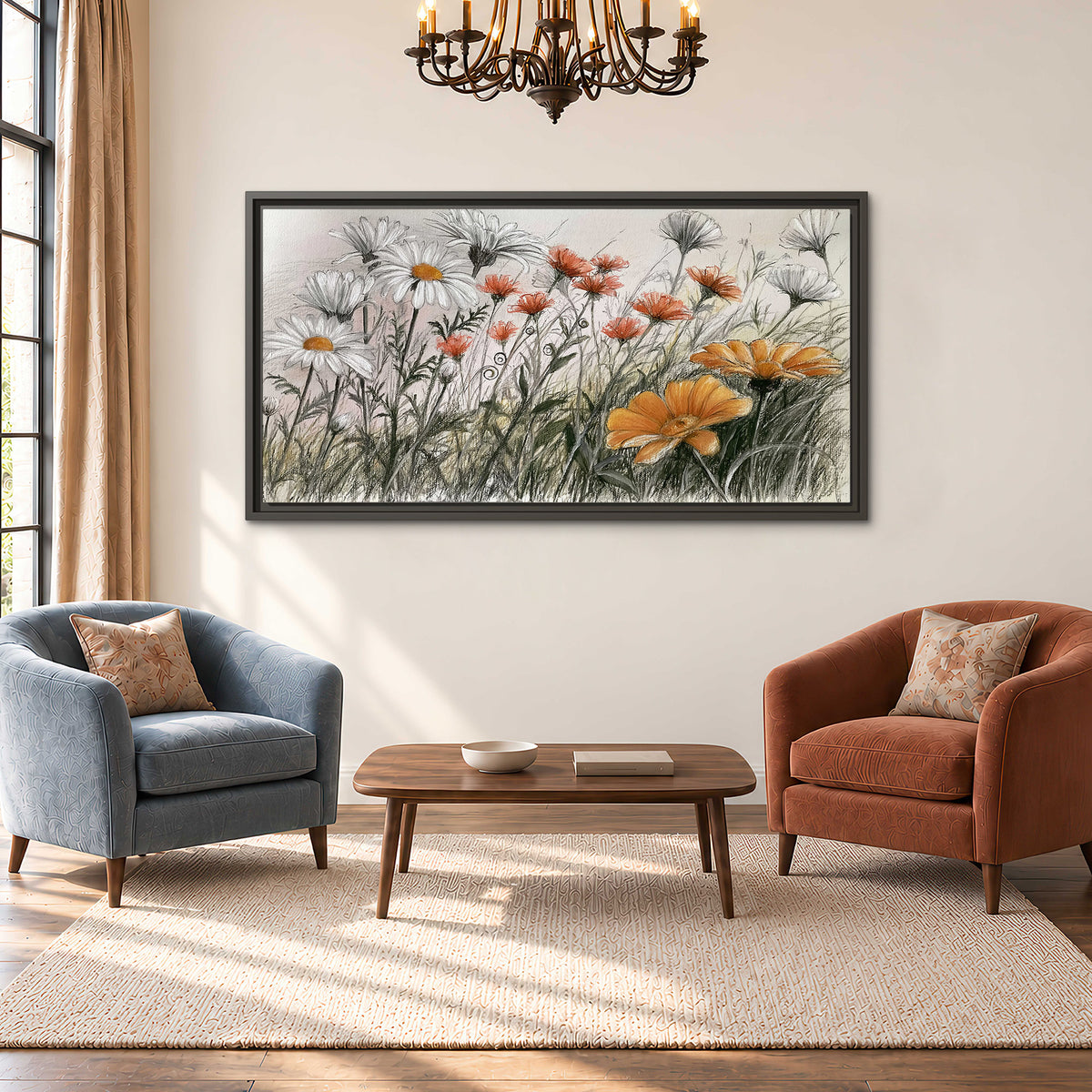 Fine dark stems and white daisies with warm orange accents in a delicate botanical composition single framed canvas wall art styled in an interior