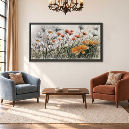 Fine dark stems and white daisies with warm orange accents in a delicate botanical composition single framed canvas wall art styled in an interior
