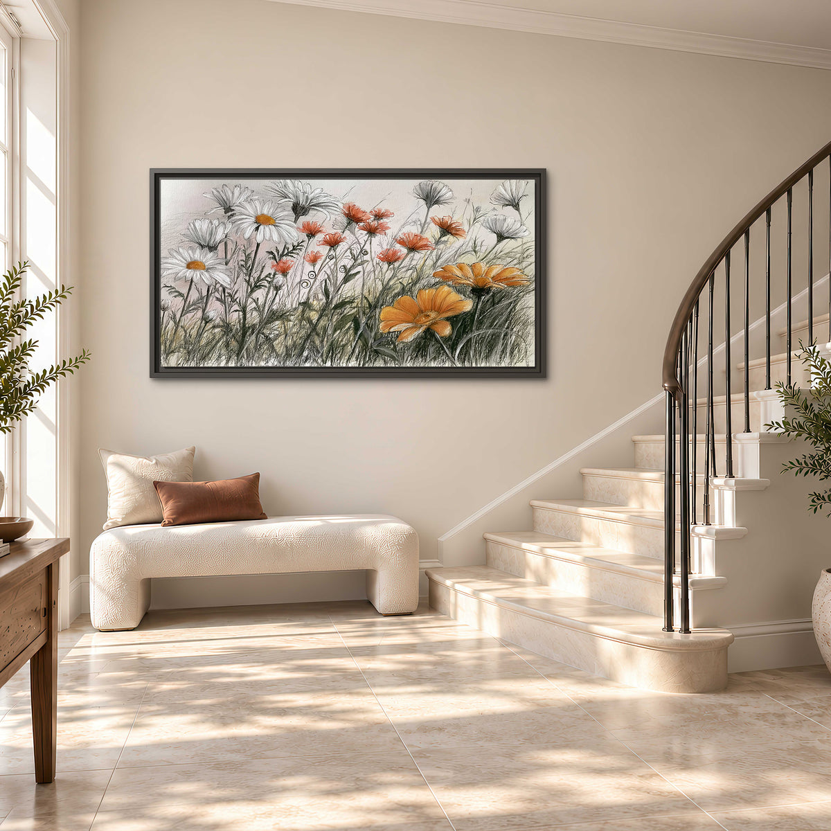 Fine dark stems and white daisies with warm orange accents in a delicate botanical composition single framed canvas wall art styled in an interior