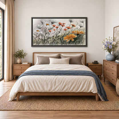 Fine dark stems and white daisies with warm orange accents in a delicate botanical composition single framed canvas wall art styled in an interior