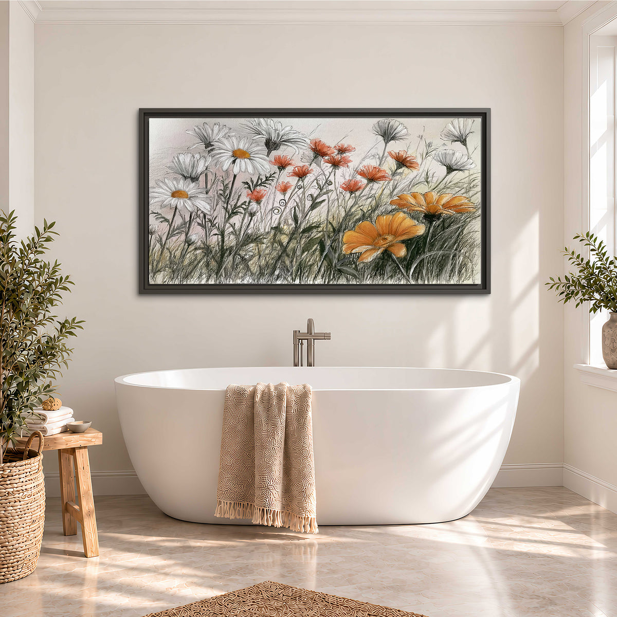 Fine dark stems and white daisies with warm orange accents in a delicate botanical composition single framed canvas wall art styled in an interior