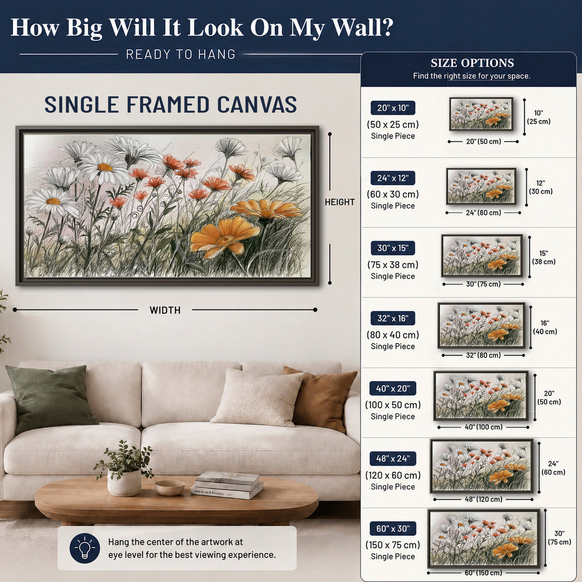 Fine dark stems and white daisies with warm orange accents in a delicate botanical composition single framed canvas wall art size guide above a sofa; room view is illustrative