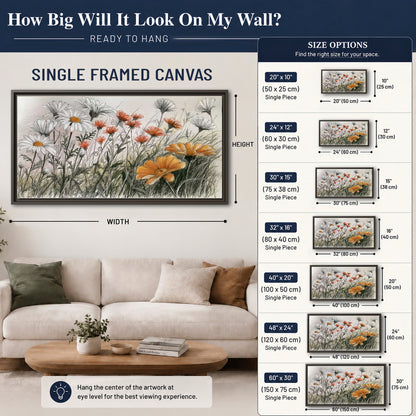Fine dark stems and white daisies with warm orange accents in a delicate botanical composition single framed canvas wall art size guide above a sofa; room view is illustrative