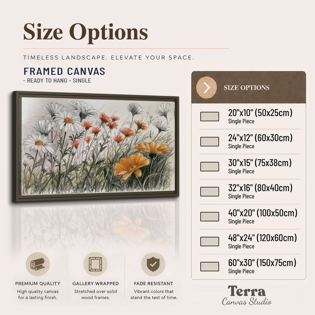 Fine dark stems and white daisies with warm orange accents in a delicate botanical composition single framed canvas wall art available dimensions
